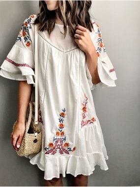 Free People White Mini Dress with Orange & Blue Floral Embroidery